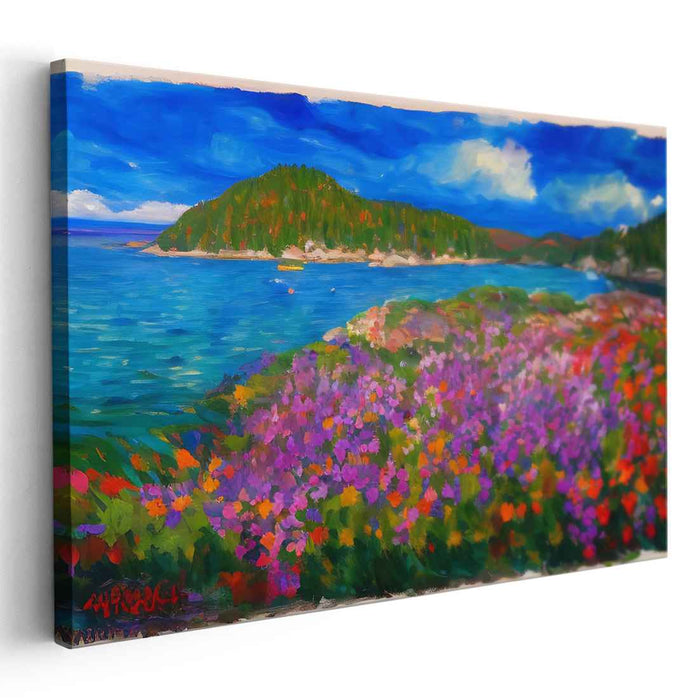 Blooming Coast Symphony: Lush Seaside Landscape with Vibrant Floral Foreground