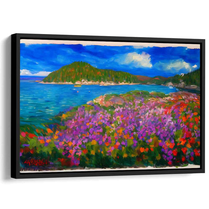 Blooming Coast Symphony: Lush Seaside Landscape with Vibrant Floral Foreground