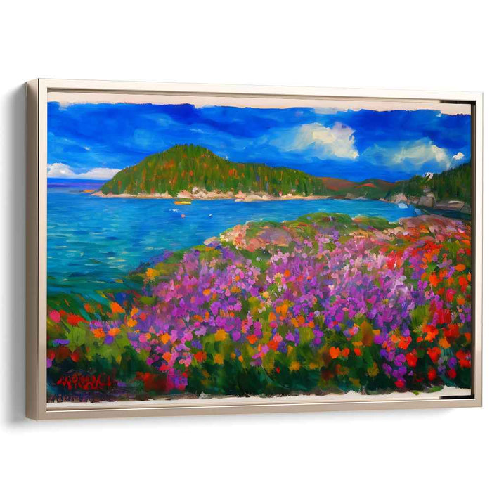 Blooming Coast Symphony: Lush Seaside Landscape with Vibrant Floral Foreground