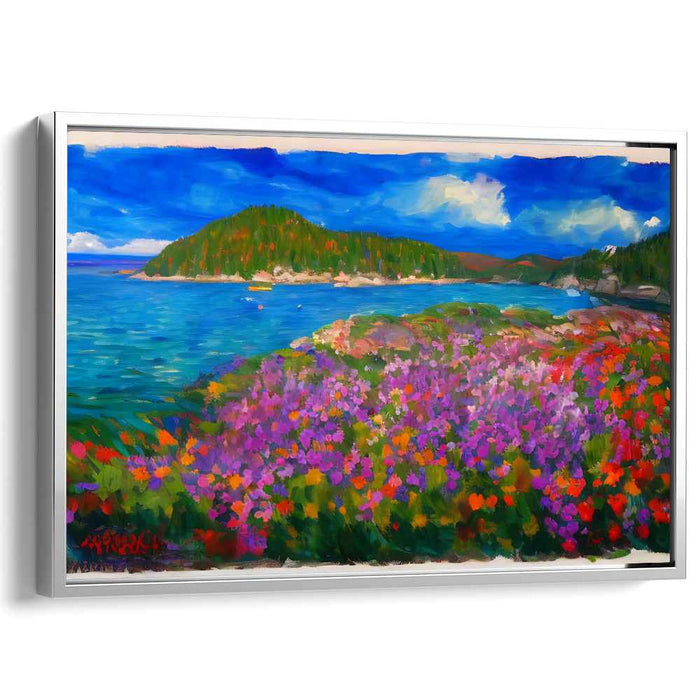 Blooming Coast Symphony: Lush Seaside Landscape with Vibrant Floral Foreground