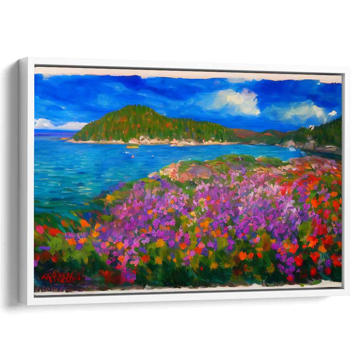 Blooming Coast Symphony: Lush Seaside Landscape with Vibrant Floral Foreground