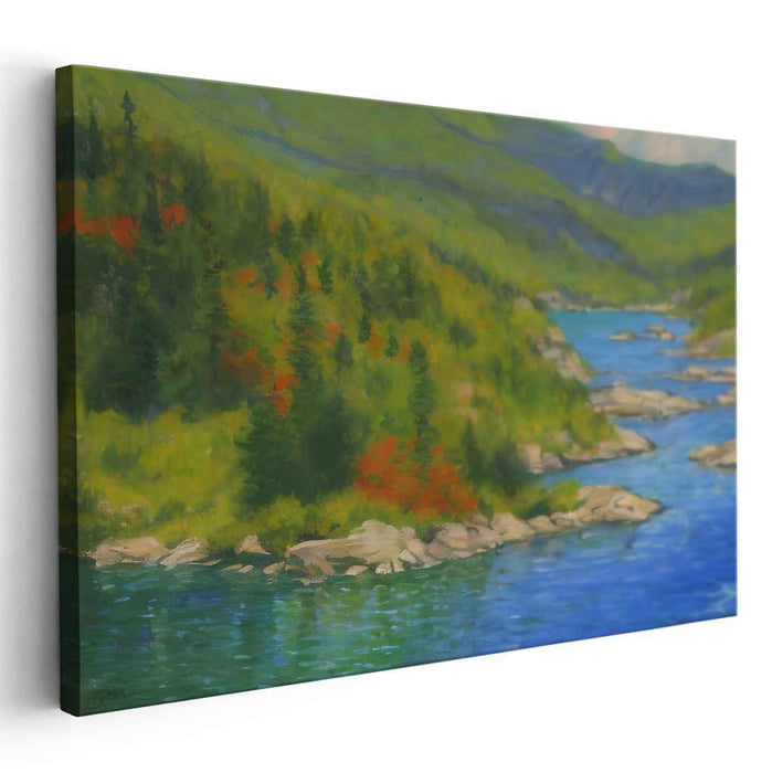 Misty Peaks Harmony: Serene River and Mountain Landscape Canvas Art