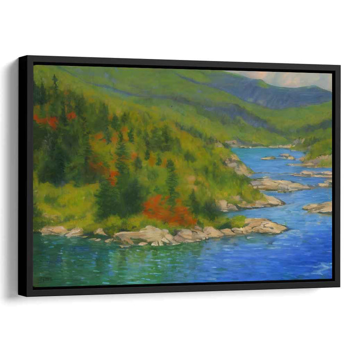 Misty Peaks Harmony: Serene River and Mountain Landscape Canvas Art