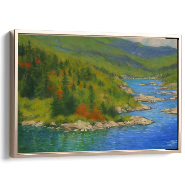 Misty Peaks Harmony: Serene River and Mountain Landscape Canvas Art