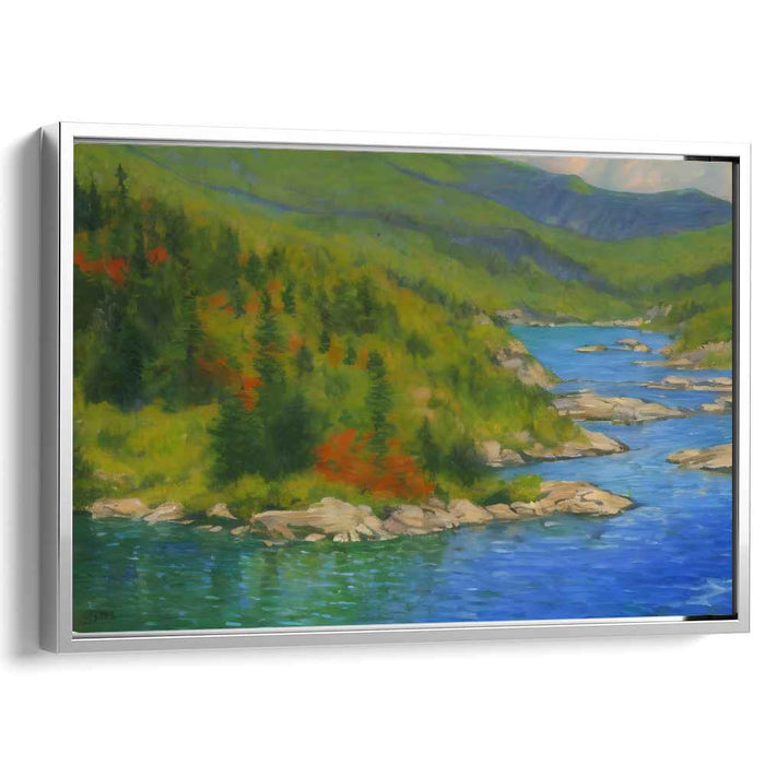 Misty Peaks Harmony: Serene River and Mountain Landscape Canvas Art