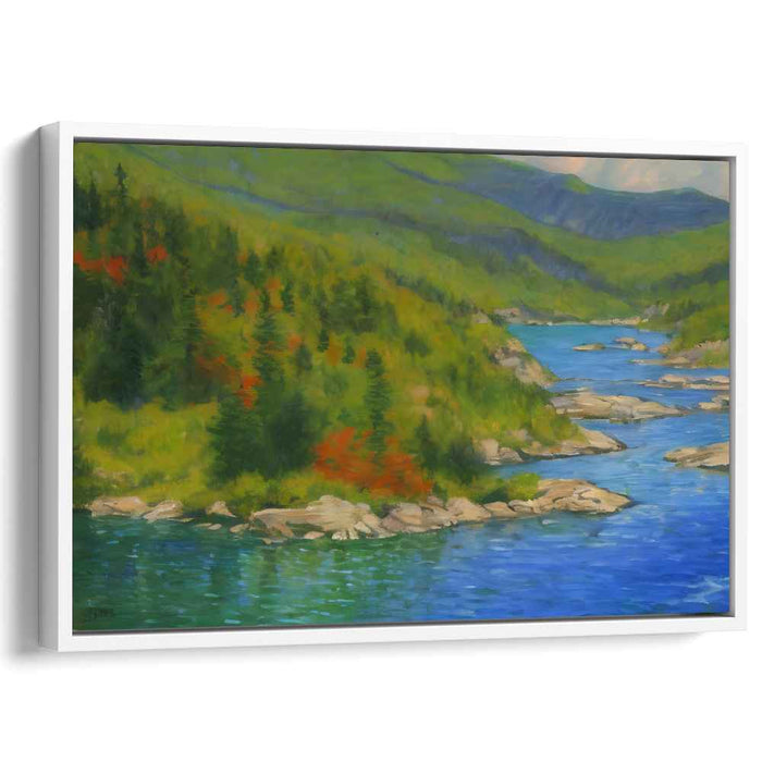 Misty Peaks Harmony: Serene River and Mountain Landscape Canvas Art