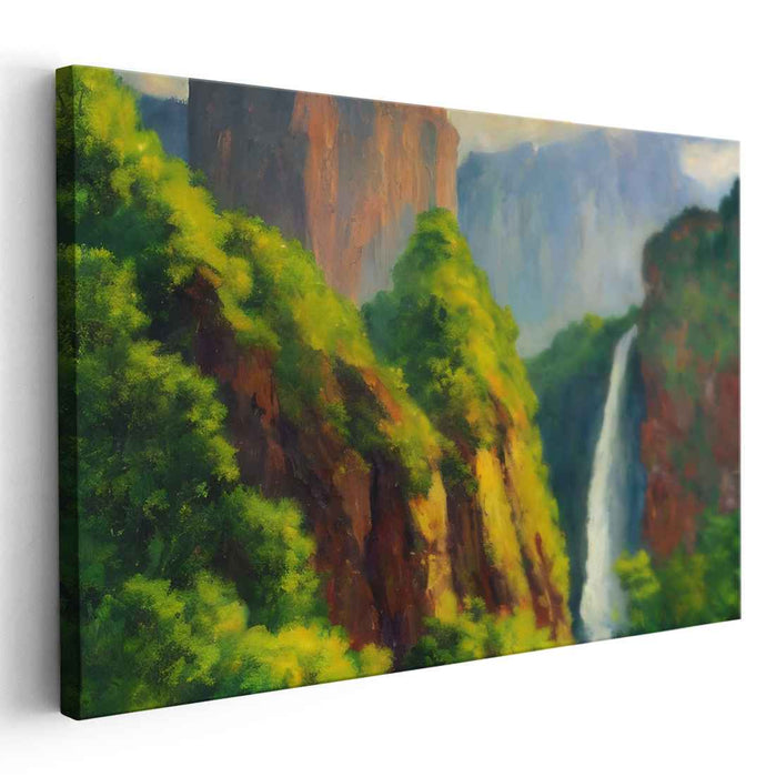 Cascading Verdure Vista: Majestic Waterfall and Lush Greenery Landscape Art