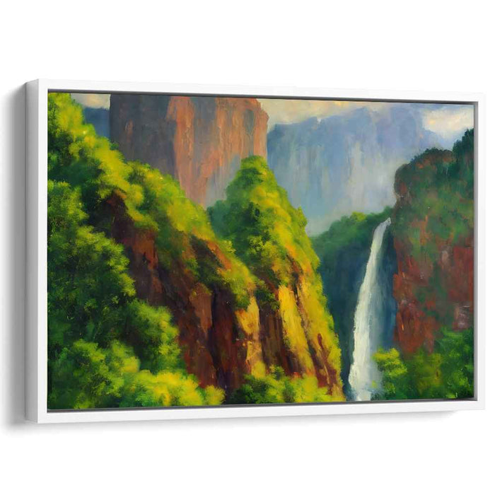 Cascading Verdure Vista: Majestic Waterfall and Lush Greenery Landscape Art