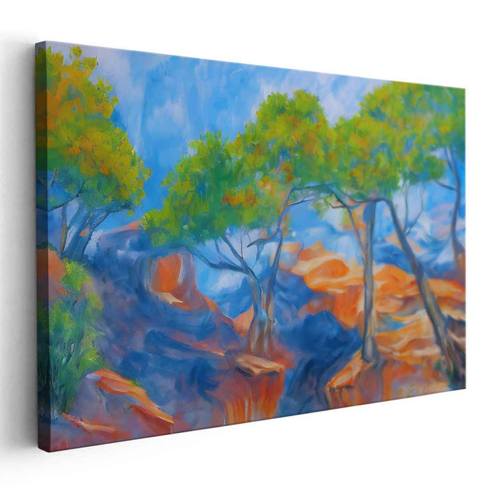 Azure Canopy over Crimson Cliffs: Impressionist Landscape Canvas Art