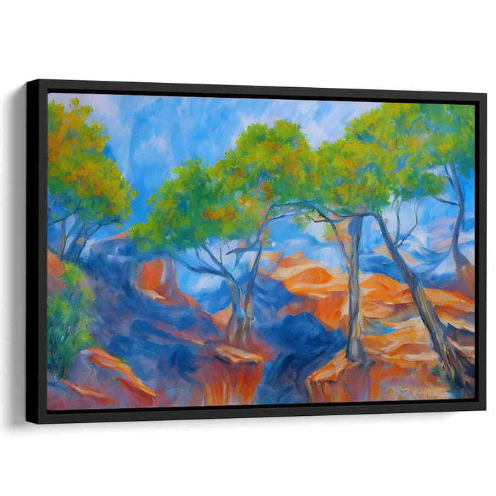 Azure Canopy over Crimson Cliffs: Impressionist Landscape Canvas Art