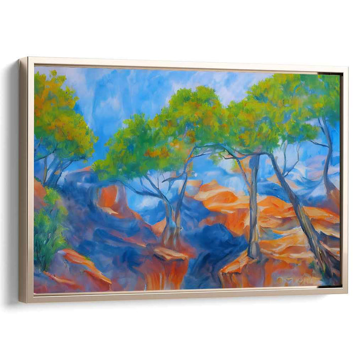 Azure Canopy over Crimson Cliffs: Impressionist Landscape Canvas Art
