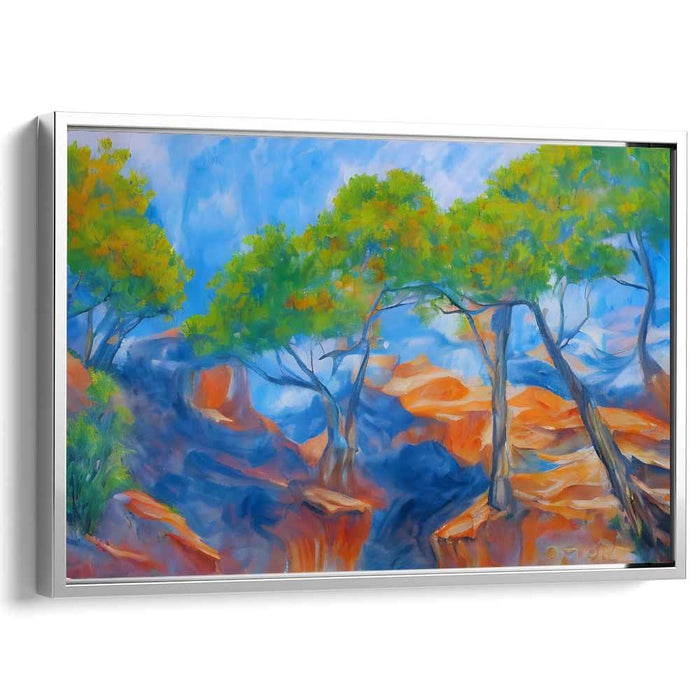 Azure Canopy over Crimson Cliffs: Impressionist Landscape Canvas Art