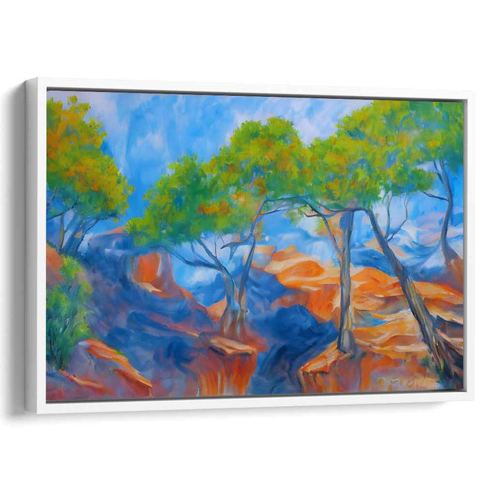 Azure Canopy over Crimson Cliffs: Impressionist Landscape Canvas Art