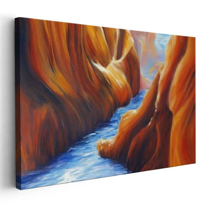 Ember Flowing Serenity: Serene River Through Fiery Rock Formations Canvas Art Print