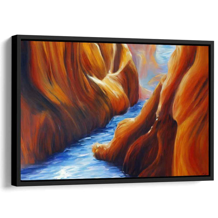 Ember Flowing Serenity: Serene River Through Fiery Rock Formations Canvas Art Print