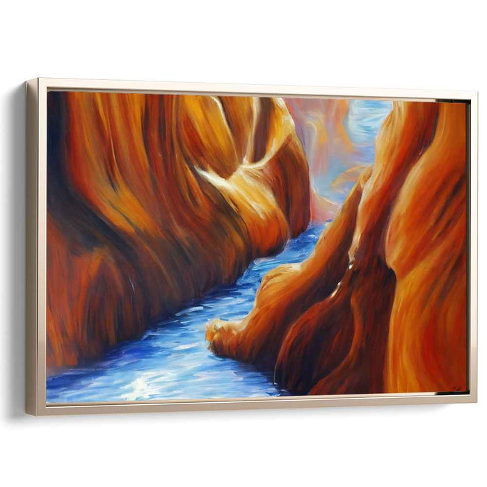Ember Flowing Serenity: Serene River Through Fiery Rock Formations Canvas Art Print