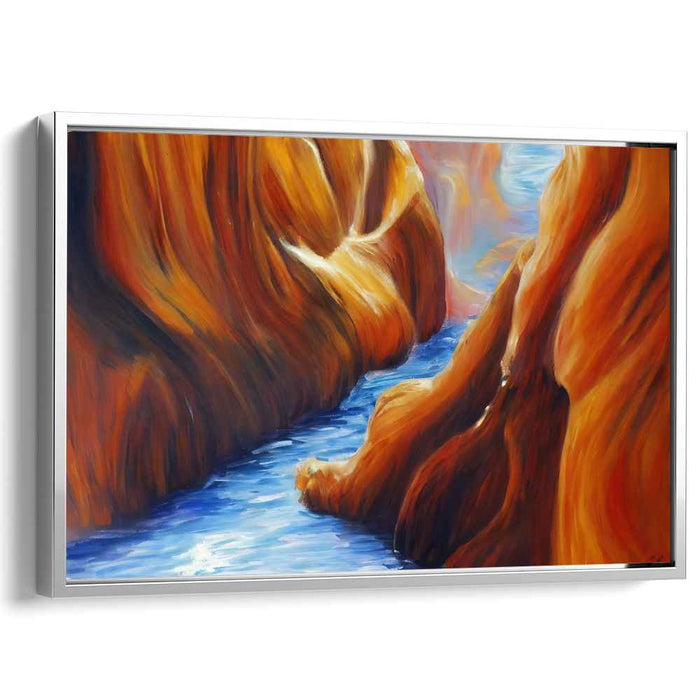 Ember Flowing Serenity: Serene River Through Fiery Rock Formations Canvas Art Print