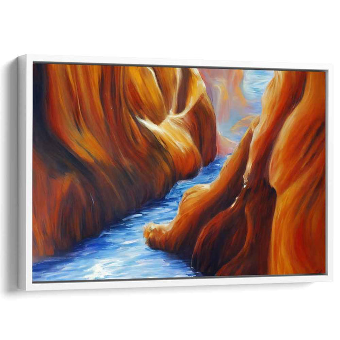 Ember Flowing Serenity: Serene River Through Fiery Rock Formations Canvas Art Print