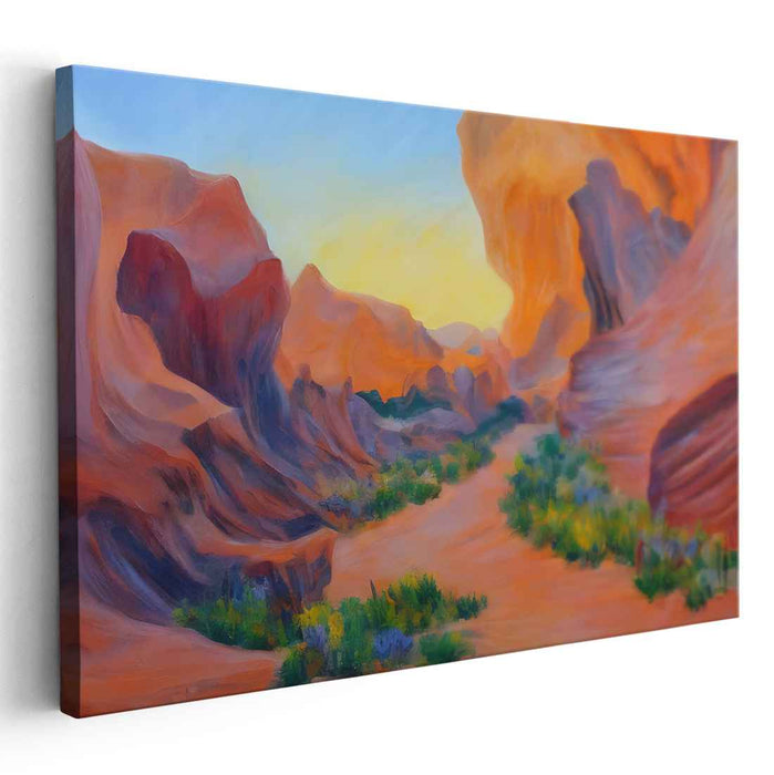 Amber Horizons Embrace Rocky Peaks: Sunset Over Rugged Terrain Canvas Art Print