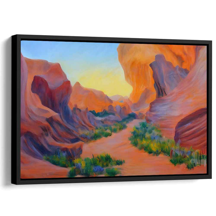 Amber Horizons Embrace Rocky Peaks: Sunset Over Rugged Terrain Canvas Art Print