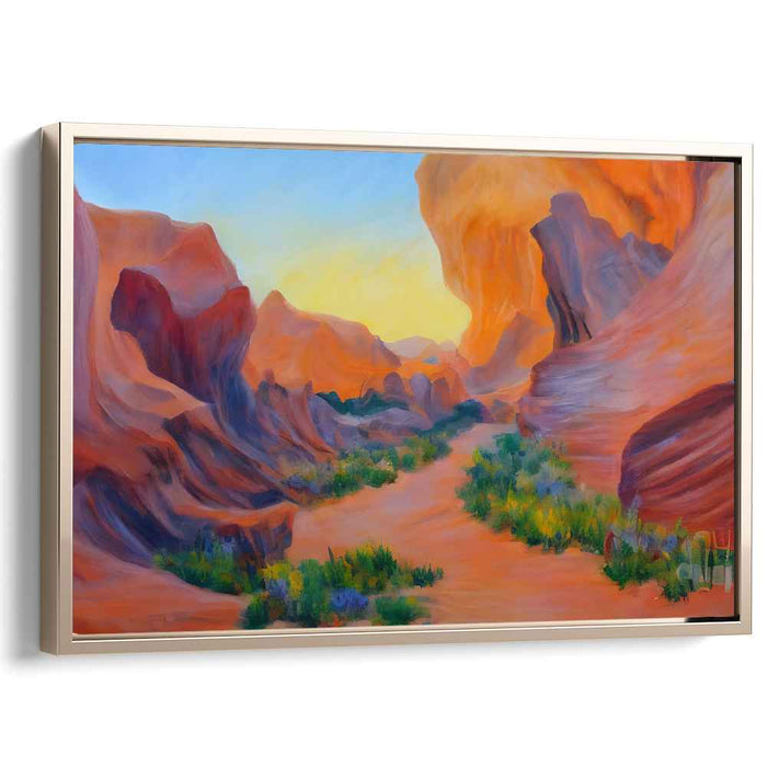 Amber Horizons Embrace Rocky Peaks: Sunset Over Rugged Terrain Canvas Art Print