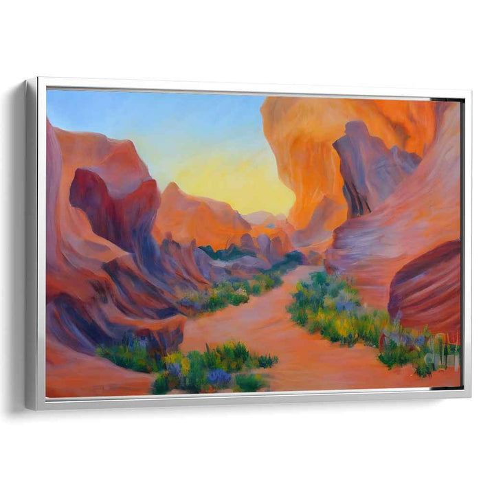 Amber Horizons Embrace Rocky Peaks: Sunset Over Rugged Terrain Canvas Art Print
