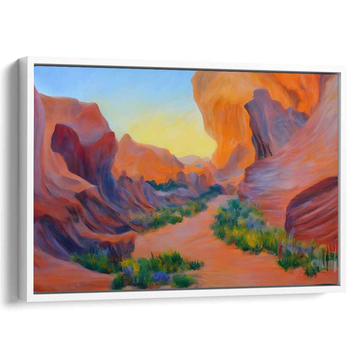 Amber Horizons Embrace Rocky Peaks: Sunset Over Rugged Terrain Canvas Art Print