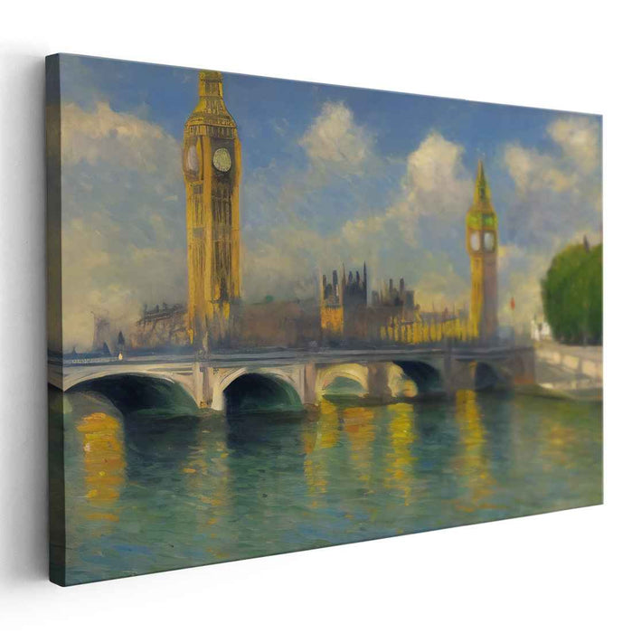 Impressionist Serenity: Big Ben and Westminster Bridge in Sunlit Glow Canvas Art