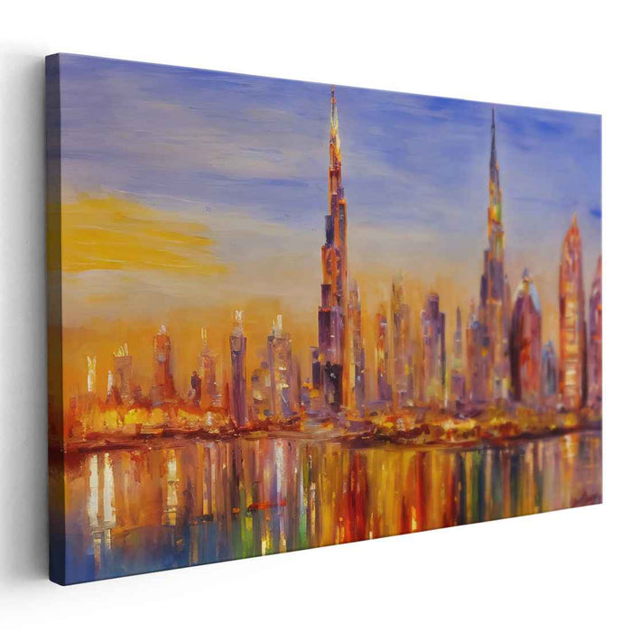 Twilight Mirage Dreams: Luminous Cityscape Reflections Canvas Art Print