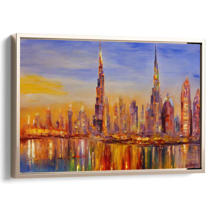 Twilight Mirage Dreams: Luminous Cityscape Reflections Canvas Art Print
