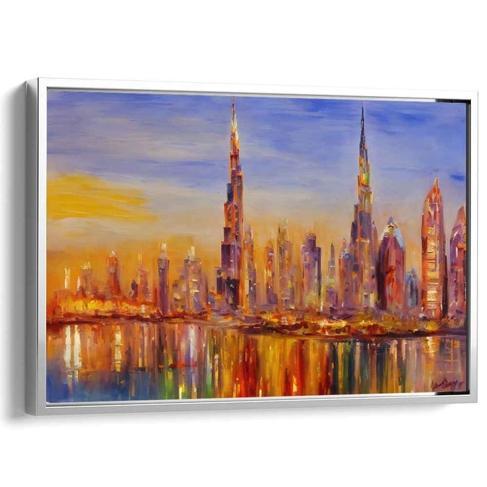 Twilight Mirage Dreams: Luminous Cityscape Reflections Canvas Art Print