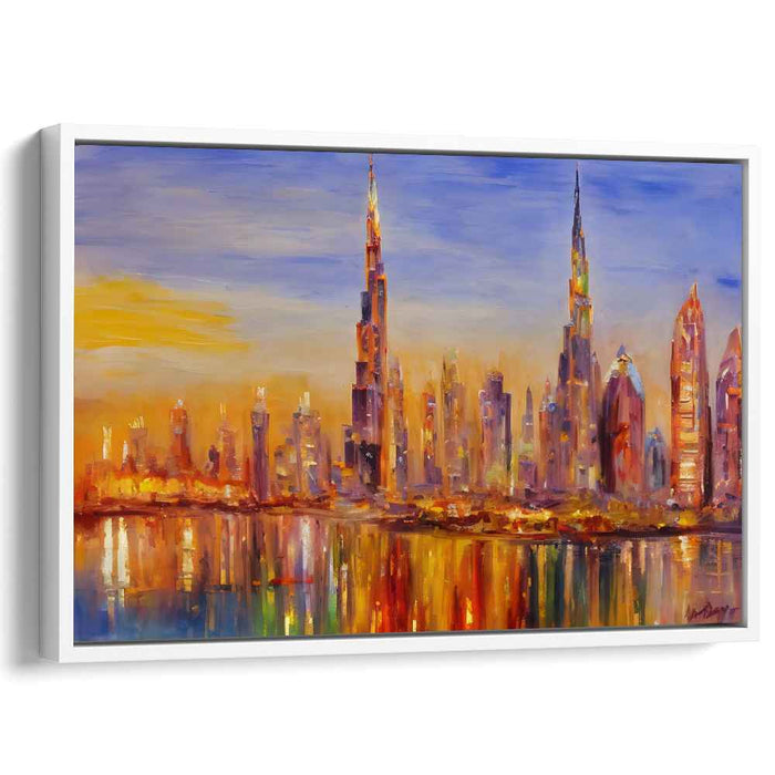 Twilight Mirage Dreams: Luminous Cityscape Reflections Canvas Art Print