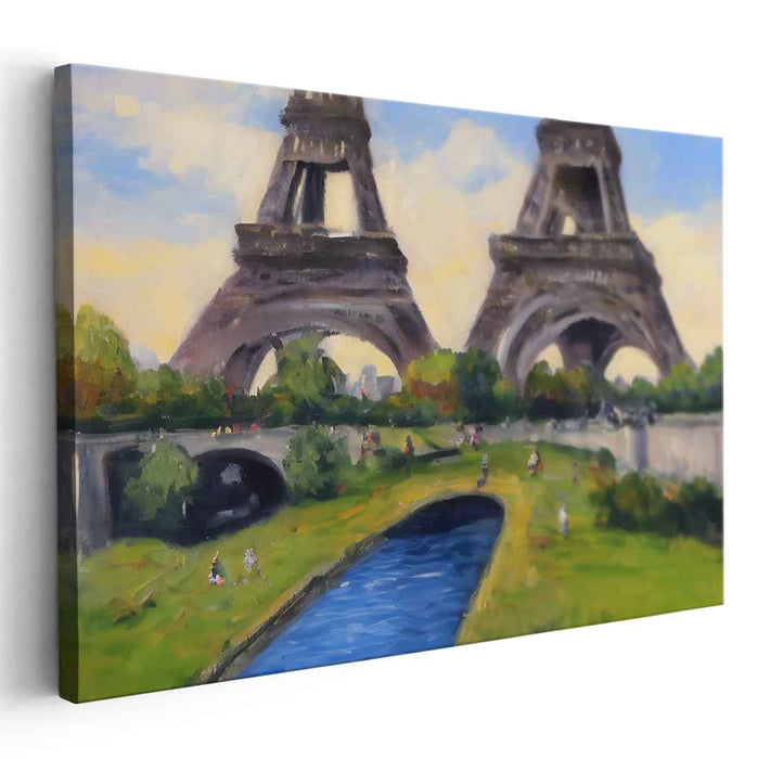 Whimsical Reflections: Surreal Eiffel Towers Over Tranquil River Canvas Art Print