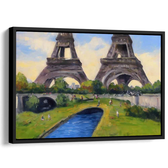 Whimsical Reflections: Surreal Eiffel Towers Over Tranquil River Canvas Art Print