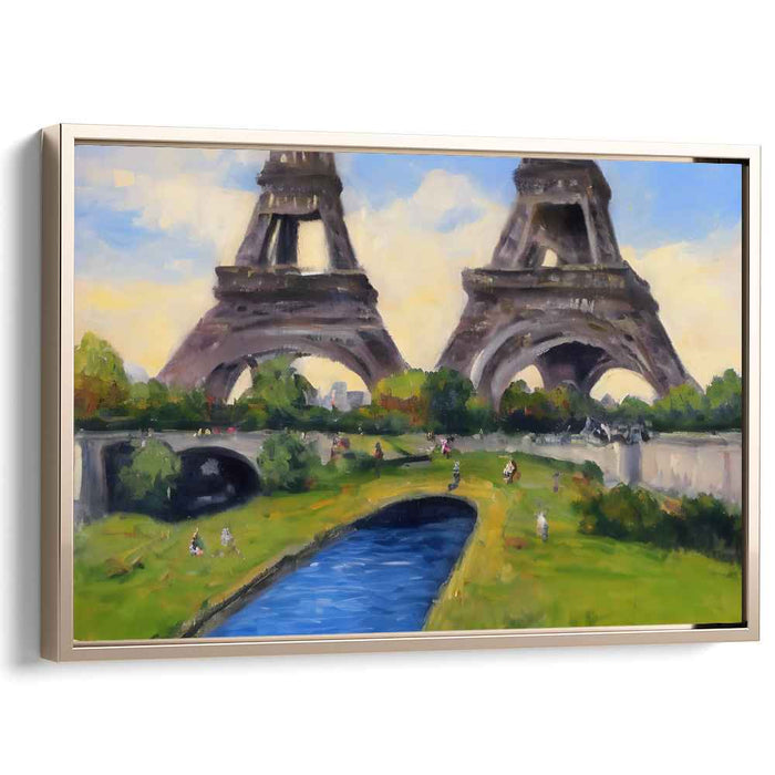 Whimsical Reflections: Surreal Eiffel Towers Over Tranquil River Canvas Art Print
