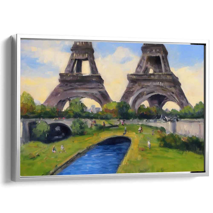 Whimsical Reflections: Surreal Eiffel Towers Over Tranquil River Canvas Art Print