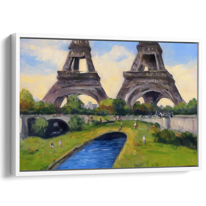 Whimsical Reflections: Surreal Eiffel Towers Over Tranquil River Canvas Art Print