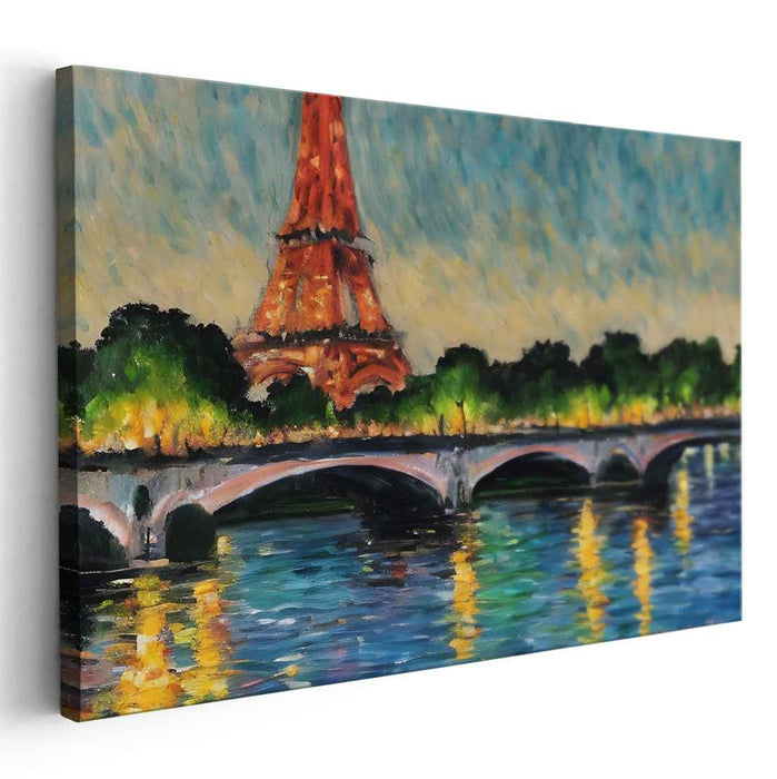 Seine's Reflections: Eiffel Tower by the Seine Impressionist Canvas Art