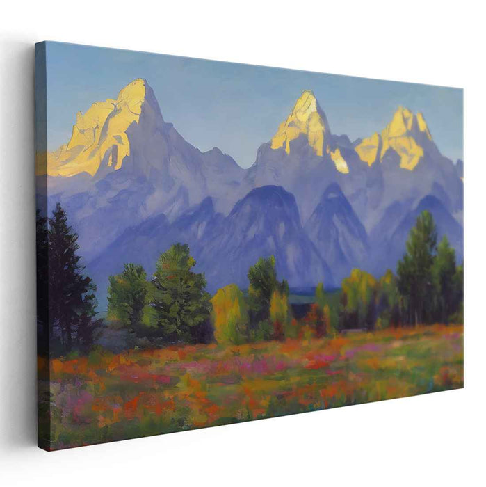 Snowy Sunrise Impressions: Impressionist Sunrise Over Snow-Capped Peaks Canvas Art