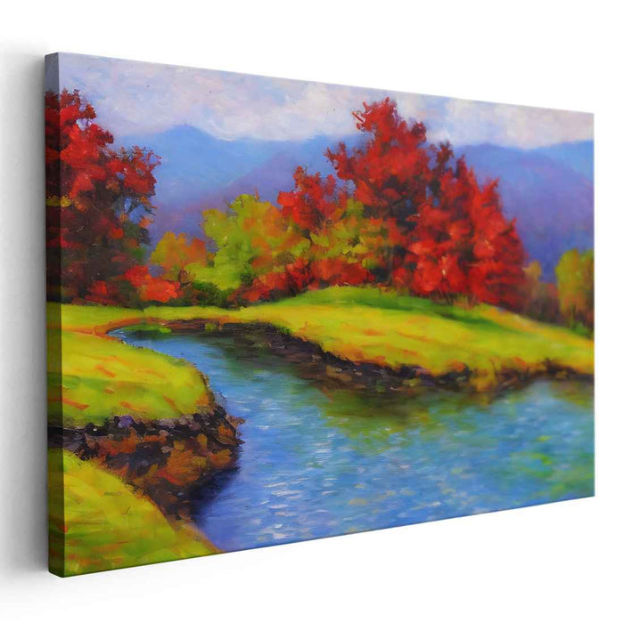 Riverside Hues Dance On Canvas: Vibrant Riverside Landscape Canvas Art Print