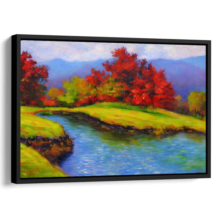 Riverside Hues Dance On Canvas: Vibrant Riverside Landscape Canvas Art Print