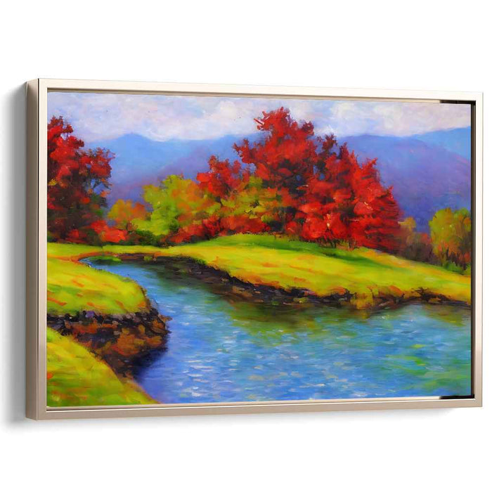 Riverside Hues Dance On Canvas: Vibrant Riverside Landscape Canvas Art Print