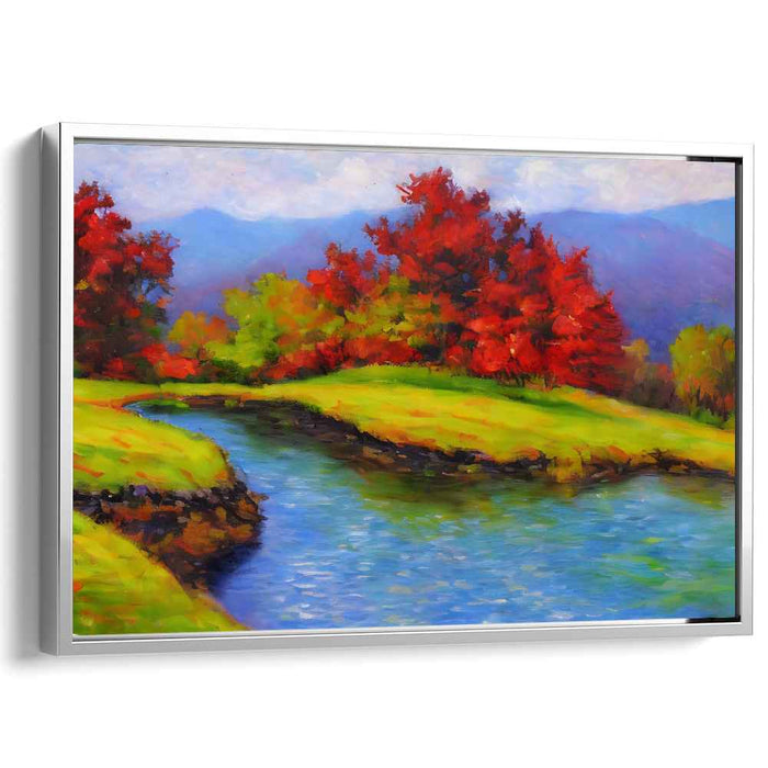 Riverside Hues Dance On Canvas: Vibrant Riverside Landscape Canvas Art Print
