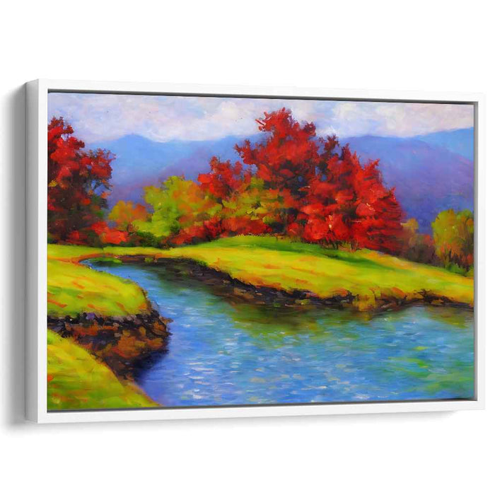 Riverside Hues Dance On Canvas: Vibrant Riverside Landscape Canvas Art Print