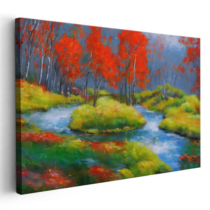 Blaze of Autumn Colors: Vibrant Landscape with Fiery Red Trees Canvas Art Print