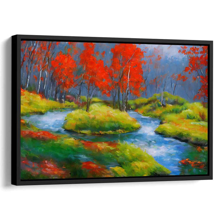 Blaze of Autumn Colors: Vibrant Landscape with Fiery Red Trees Canvas Art Print