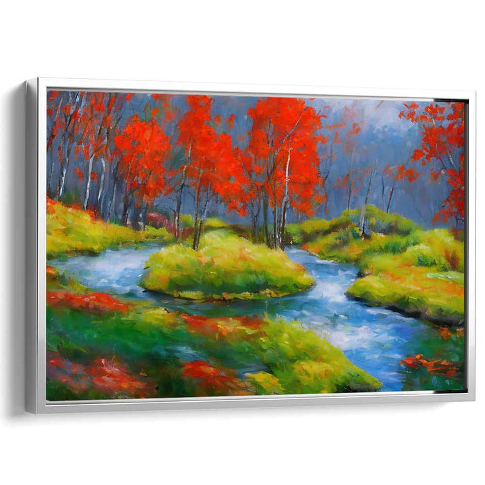 Blaze of Autumn Colors: Vibrant Landscape with Fiery Red Trees Canvas Art Print