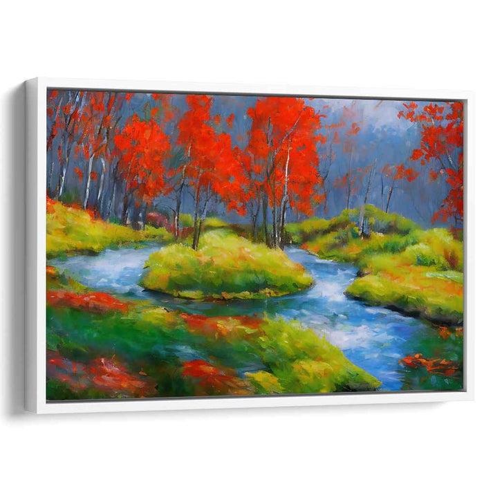 Blaze of Autumn Colors: Vibrant Landscape with Fiery Red Trees Canvas Art Print