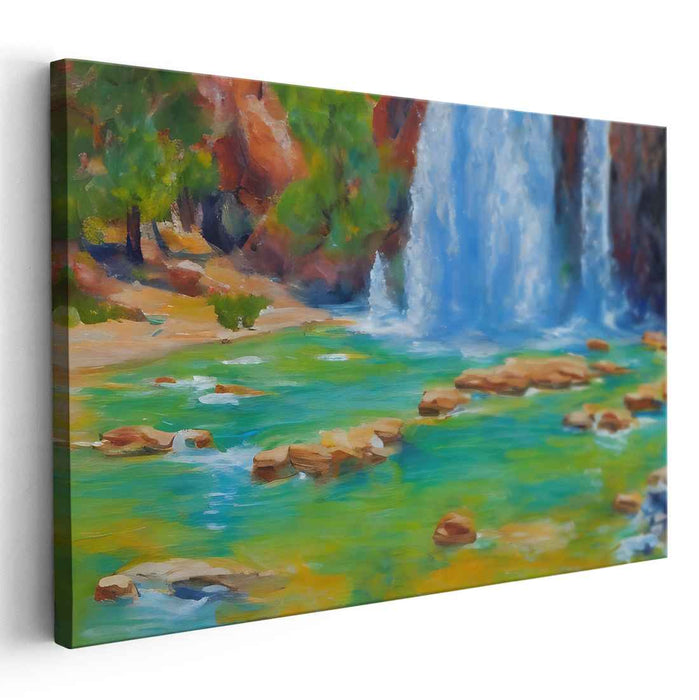 Cascading Verdure: Realistic Waterfall and Lush Landscape Canvas Art Print
