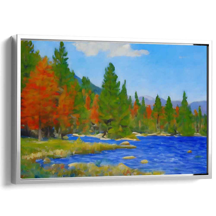 Radiant Shoreline Symphony: Vibrant Lakeside Landscape Canvas Art
